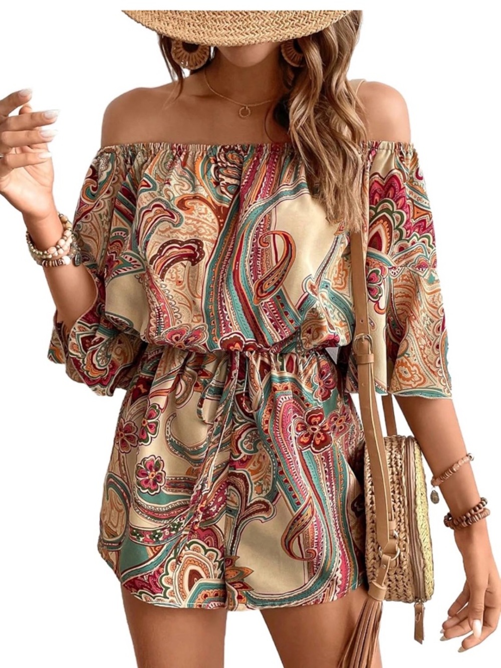 Off-Shoulder Paisley Romper in Cream & Teal